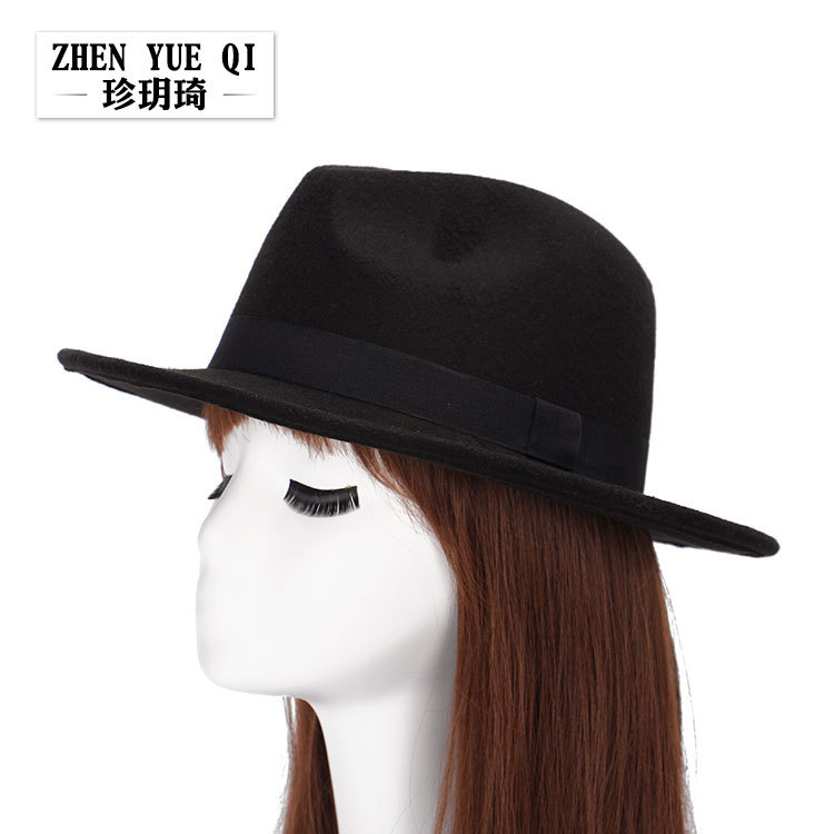 Zhenyueqi Korean version of autumn and winter men's and women's straight-edged jazz hat with wide-brimmed hat imitation wool felt hat wholesale