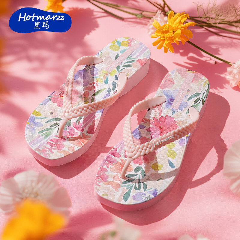 Hotmarzz Black Wedge Flip-Flops for Women, Pink High-Heeled Slippers, Non-Slip Flip-Flops, Beach Shoes for Summer