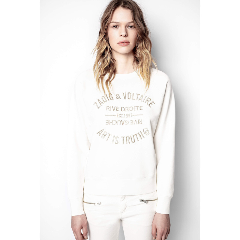 21 New French Niche Women's Clothing Classic White Letter Silver Embroidery Pure Cotton Embroidered Sweatshirt Foto QC de 1688 na Qualit.ly