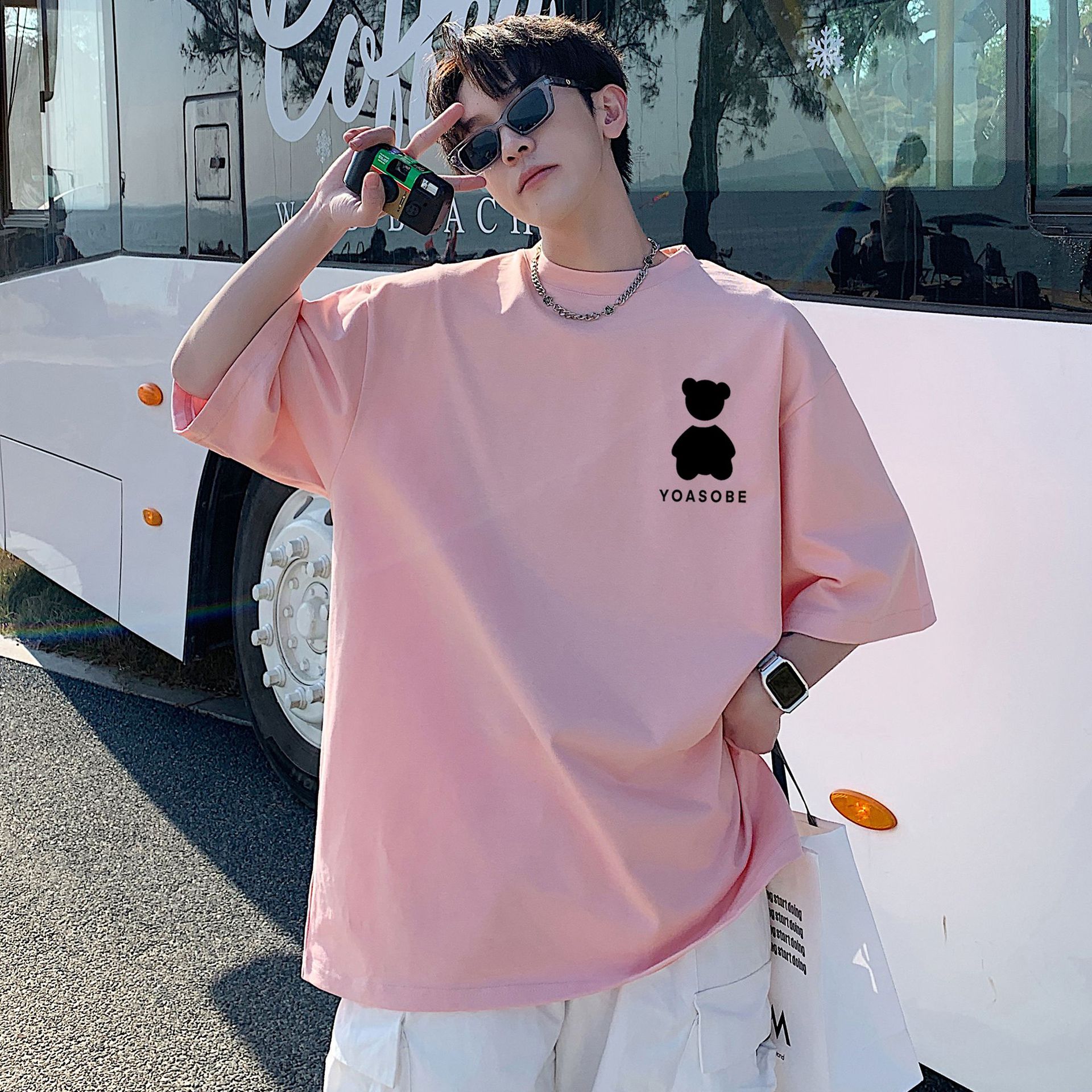 Bear Print Short-Sleeved T-Shirt Men's Trendyy American Large Size Top Summer Ins Hong Kong Style Trendyy Brand Loose and Versatile T-Shirt
