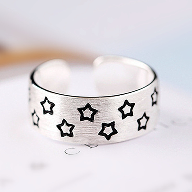 Simple Creative Plain Silver Star Ring Women's Fashion Distinctive Brushed Five-pointed Star Opening Ring Vintage Distressed Jewelry