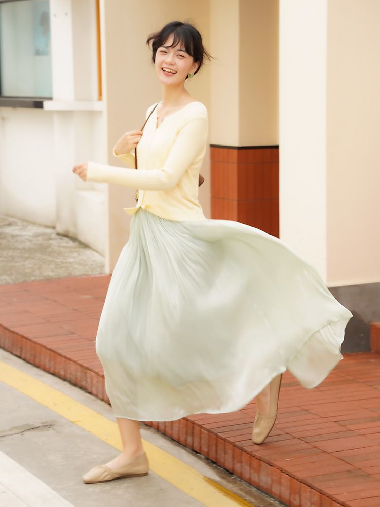 French Fairy Silk Milk Streamer Gauze Skirt Willow Zou A- line Skirt Women's Soft Gauze Pearlescent Pleated Skirt