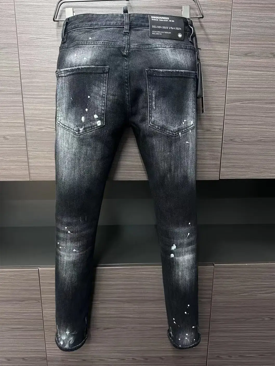 2024 Spring/Summer New D2 Trendy Men's Washed Distressed Patch Painted 3D Cut Slim Fit Black Jeans for Men
