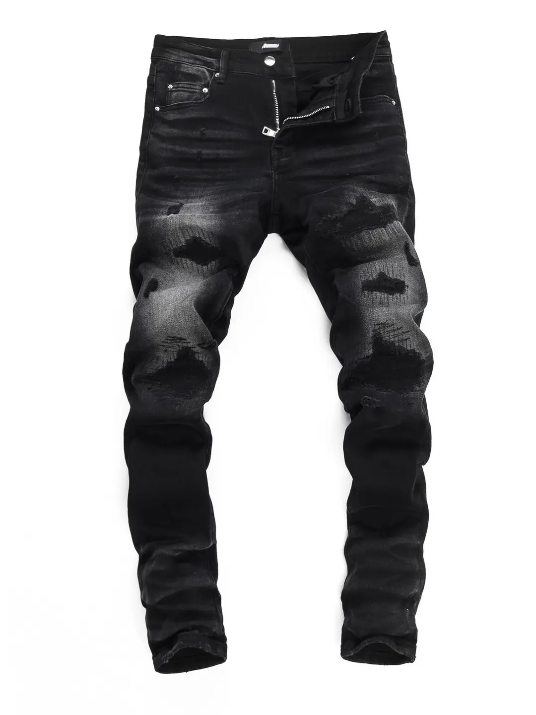 Amr Jeans American High Street Fashion Brand New Black and Gray Faded Washed Ripped Patched Slim Fit Jeans for Men