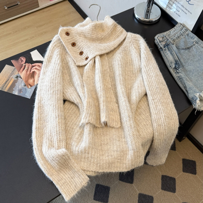 2026 New Style Sweater with a Lazy Vibe, Mohair Knit Sweater for Women, Autumn and Winter Top with Scarf, Versatile