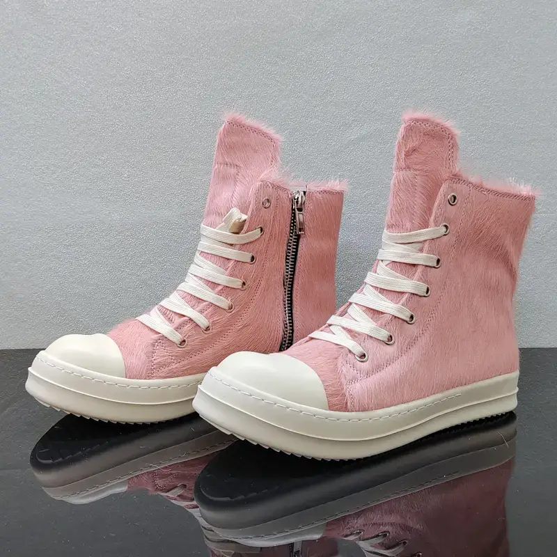 Ro New Horsehair High-Top Shoes for Men, Genuine Leather, Thick-Soled Casual Sneakers for Women, Fashionable and Versatile, Popular Short Boots, Trbottomy