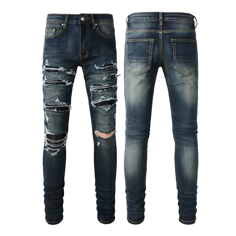 2023 New High Street Trendy Brand Broken Hole Splicing Leather Patch Elastic Slimming Old Deep Blue Jeans for Men
