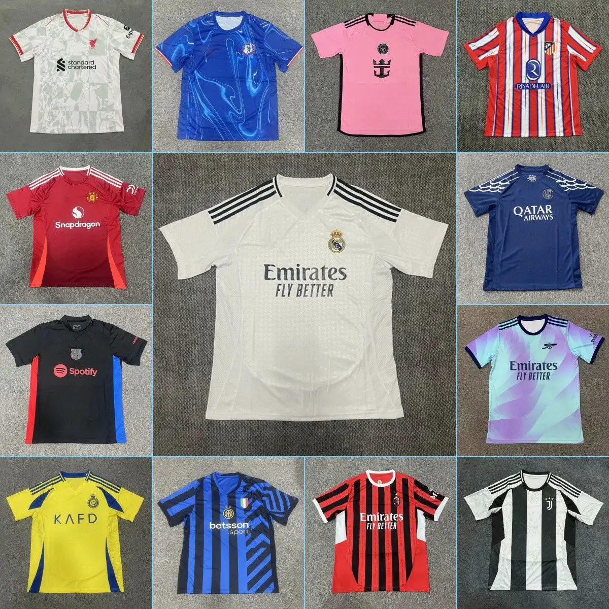 Real Madrid jersey, Barcelona, Paris Saint-Germain, Manchester City, Arsenal, AC Milan, Inter Milan, Atletico Madrid, Miami, Bayer Leverkusen, Bayern Munich football kit
