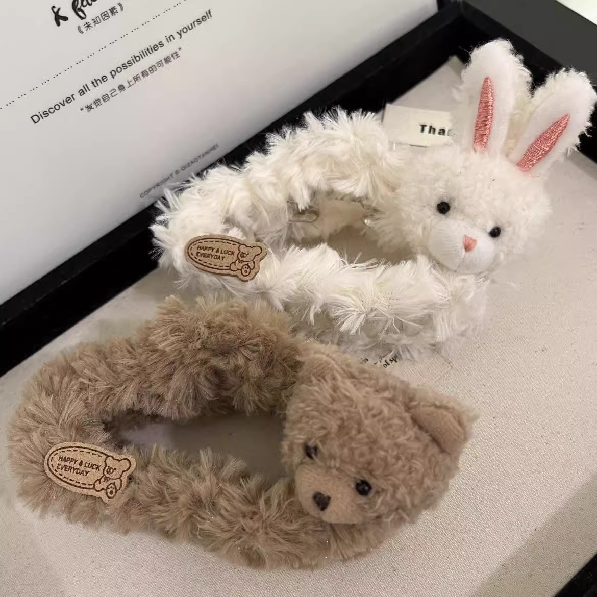 Autumn and Winter New Plush Large Cute Rabbit Ears Clamp Furry Bear Shark Clip Autumn and Winter Color