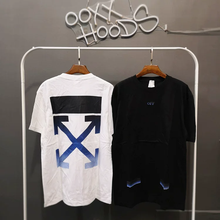 2023 New Summer Trendy Blue Black Gradient Arrow Geometric Street T-shirt Round Neck Loose Versatile Short Sleeve Men's Wear