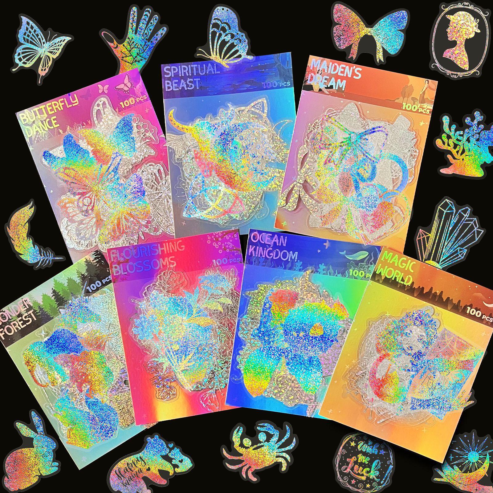 Temu100 Transparent Laser Stickers Cross-Border New Product Pet Creative DIY Retro Laser Journal Holographic Stickers