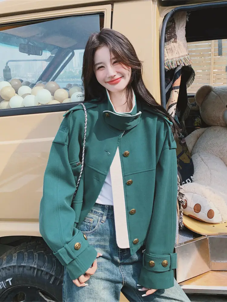 Green parka Short Outwear Women Spring & Fall 2025 New arrival Korean Style Atmosphere Short American retro jacket Tops