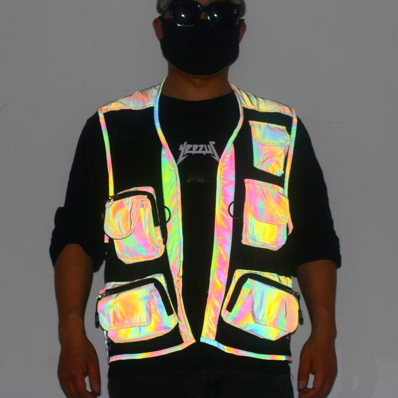 European and American Amazon Colorful Reflective Vest for Men and Women Laser Reflective Fishing Vest Cross-border Multi-pocket Mesh Vest