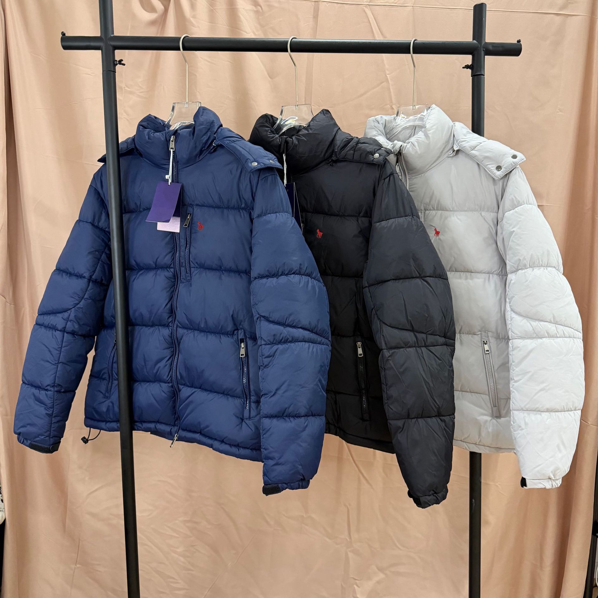Rl Pony Logo Embroidered Quilted Detachable Hooded Loose Jacket with Drawstring Hem, American Classic Old Money Style, Cross-Border