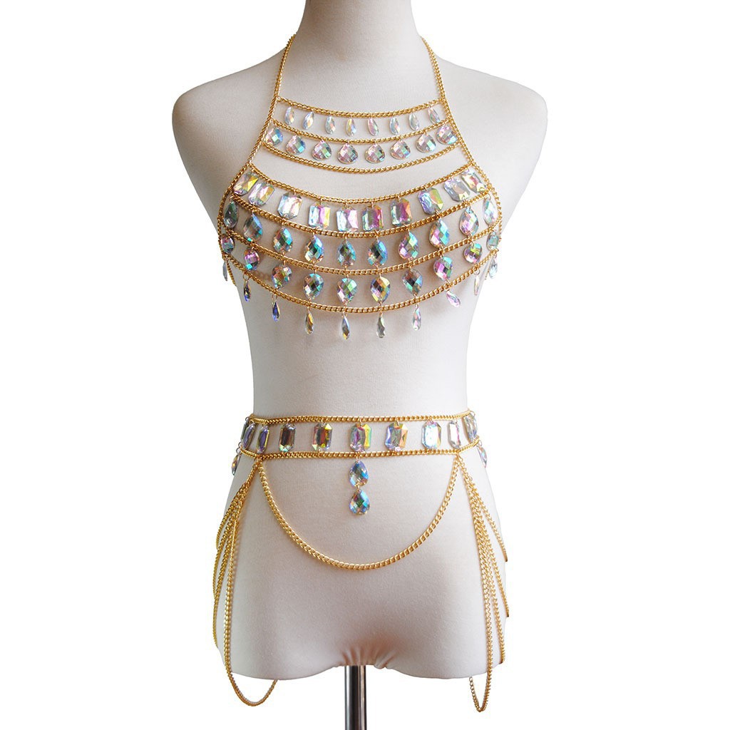 European and American Cross-border Jewelry Summer Sexy Stitching Bright Chain Nightclub Beach Gem Skirt Waist Chain Set Body Chain