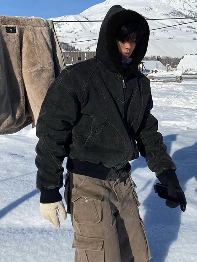 Cleanfit Short Mountain Carving Cotton Jacket for Men, Winter Fleece-Lined Thickened Cotton Coat, American Retro Hooded Jacket
