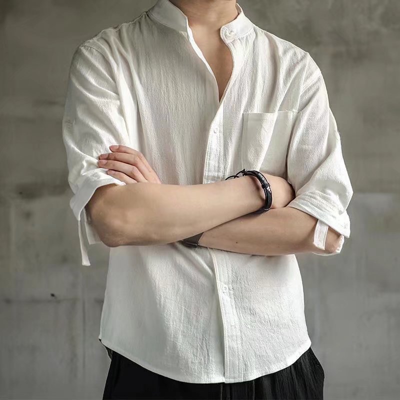 Men's Seven-point Sleeve Shirt for Summer Korean Style Fashionable Vertical Collar Handsome Linen Short-sleeved Shirt Mid-sleeved Cotton Linen Shirt for Men