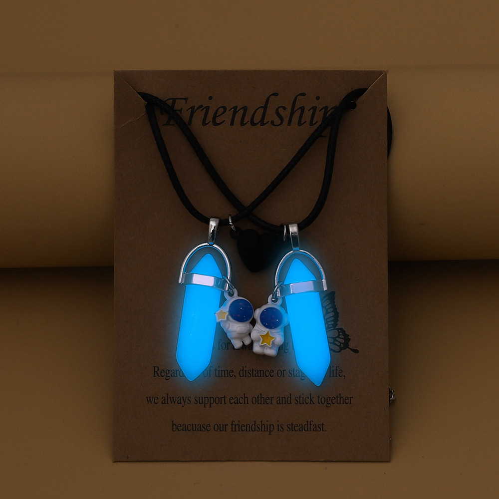 European and American Luminous Hexagon Pendant Astronaut Love Magnetic Buckle Leather Rope Star Picking Couple's Good Friend Necklace