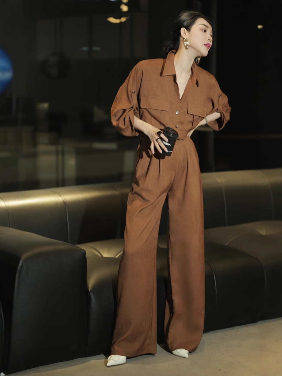 2026 Spring/Summer Fashion Bamboo Texture Loose Batwing Sleeve Jumpsuit with Pockets, Elegant Turn-Down Collar, Casual Single-Breasted Romper