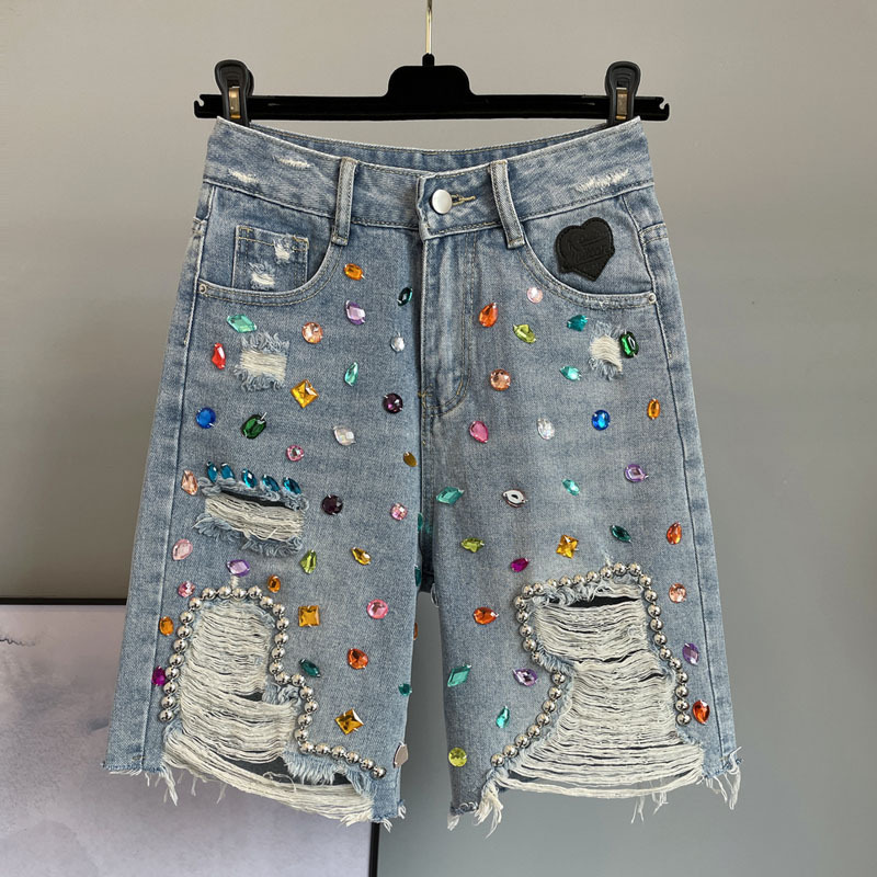 2023 Diamond-Studded Beaded High-Waisted Denim Shorts for Women, New Summer Style, Slim Fit, Versatile, Ripped, Fringed Hot Pants, Trendy