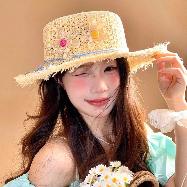 Sweet Floral Flat-Top Straw Hat for Women, Summer Sweet Beach Hat for Seaside Vacation, Sun Protection Sun Hat