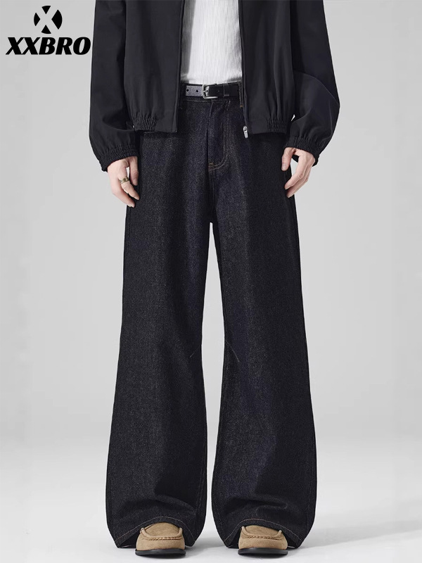 Muxi Clothing # Spring and Autumn Trendy High Street Brand Horse Leather Patchwork Raw Denim A-Line Pants Straight-Leg Versatile Loose Jeans