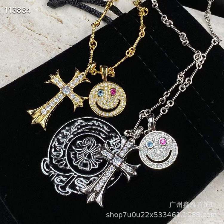 Chkeluo new diamond cross smiley face necklace pear same retro men and women couple bamboo chain jewelry