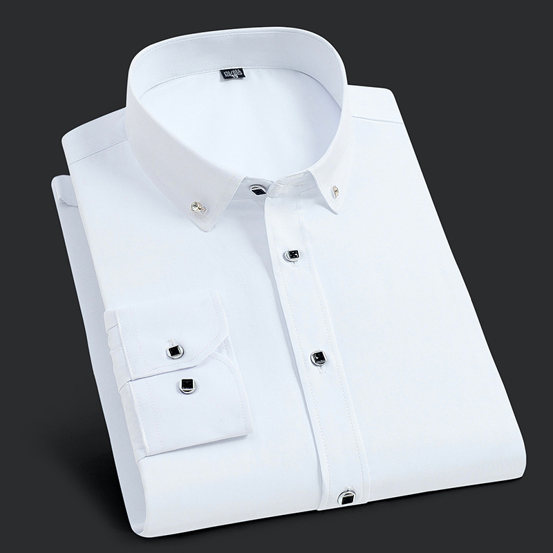 New Men's Long-sleeved Shirt Buckle Collar Business Solid Color Shirt Korean Style Slim-fit Professional Casual Suit Base Shirt