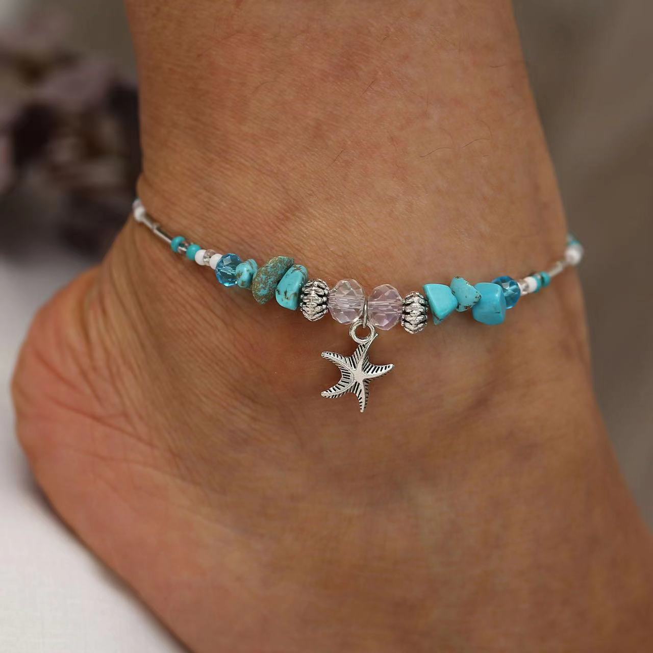 Amazon cross-border hot sale European and American Popular Stone anklet rice beads stone Crystal Ocean starfish women's anklet