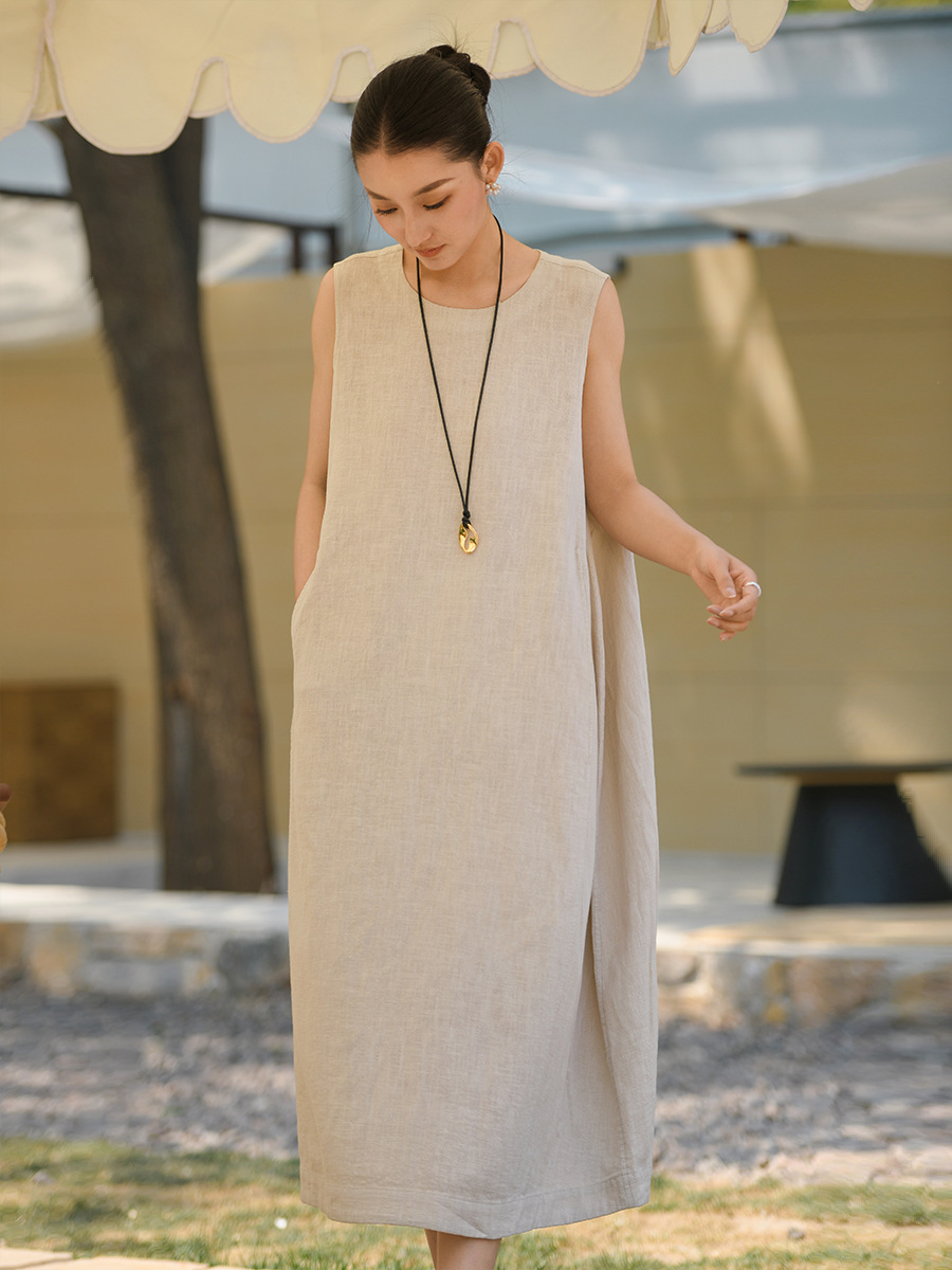 Deer & an Di's New Cotton and Linen Women's Sleeveless Dress, Summer Loose-Fitting High-End Ramie Long Dress, Light Luxury Flared Dress