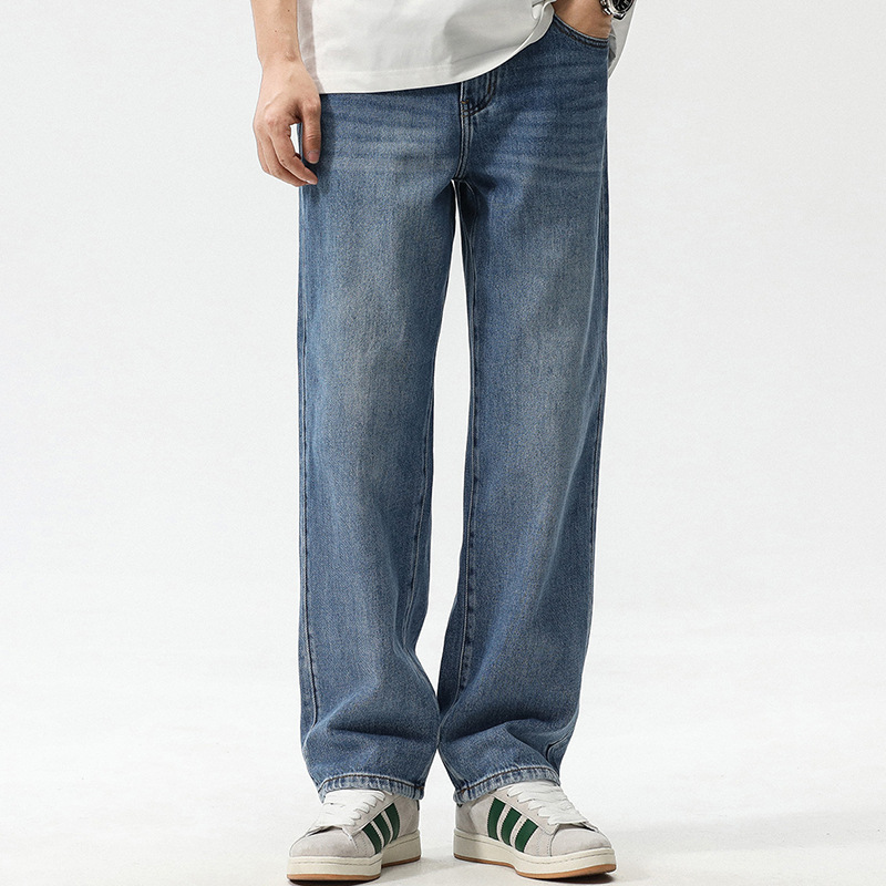 2024 Loose Jeans Street Fashion Washed Blue Loose Straight Casual Korean Wide Leg Denim Trousers for Men