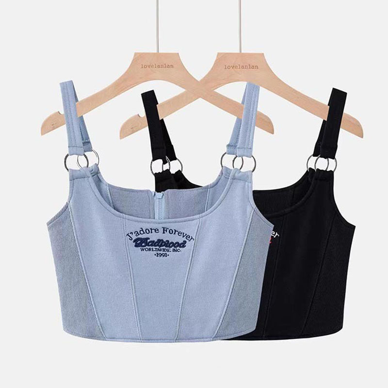 Korean Badblood Bcac Series Spicy Girl Short Tank Top with Straps, Feminine Embroidered Square-Neck Niche Top