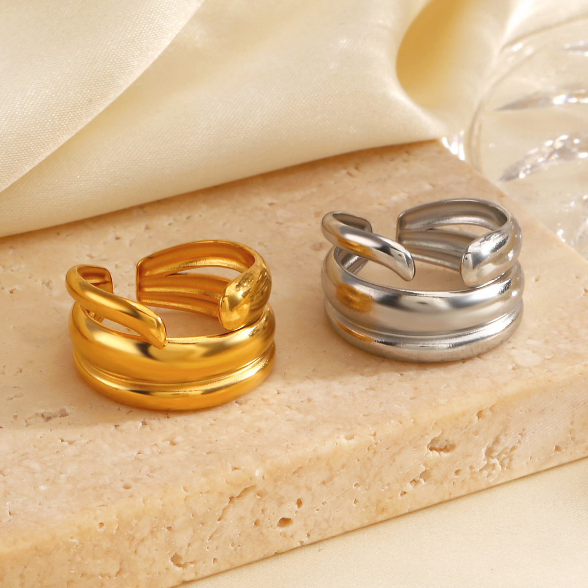 European and American fashion stainless steel heavy line ring female INS wind 18K gold plated hip hop open titanium steel ring wholesale