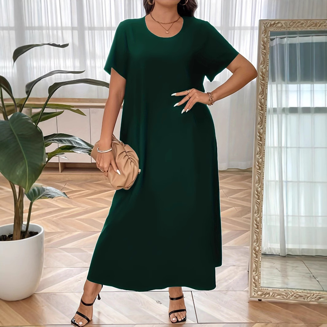 2026 New Cross-Border European and American Amazon Fashion Style Short-Sleeved Round-Neck Long Dress Plus-Size Women's Dress Robe