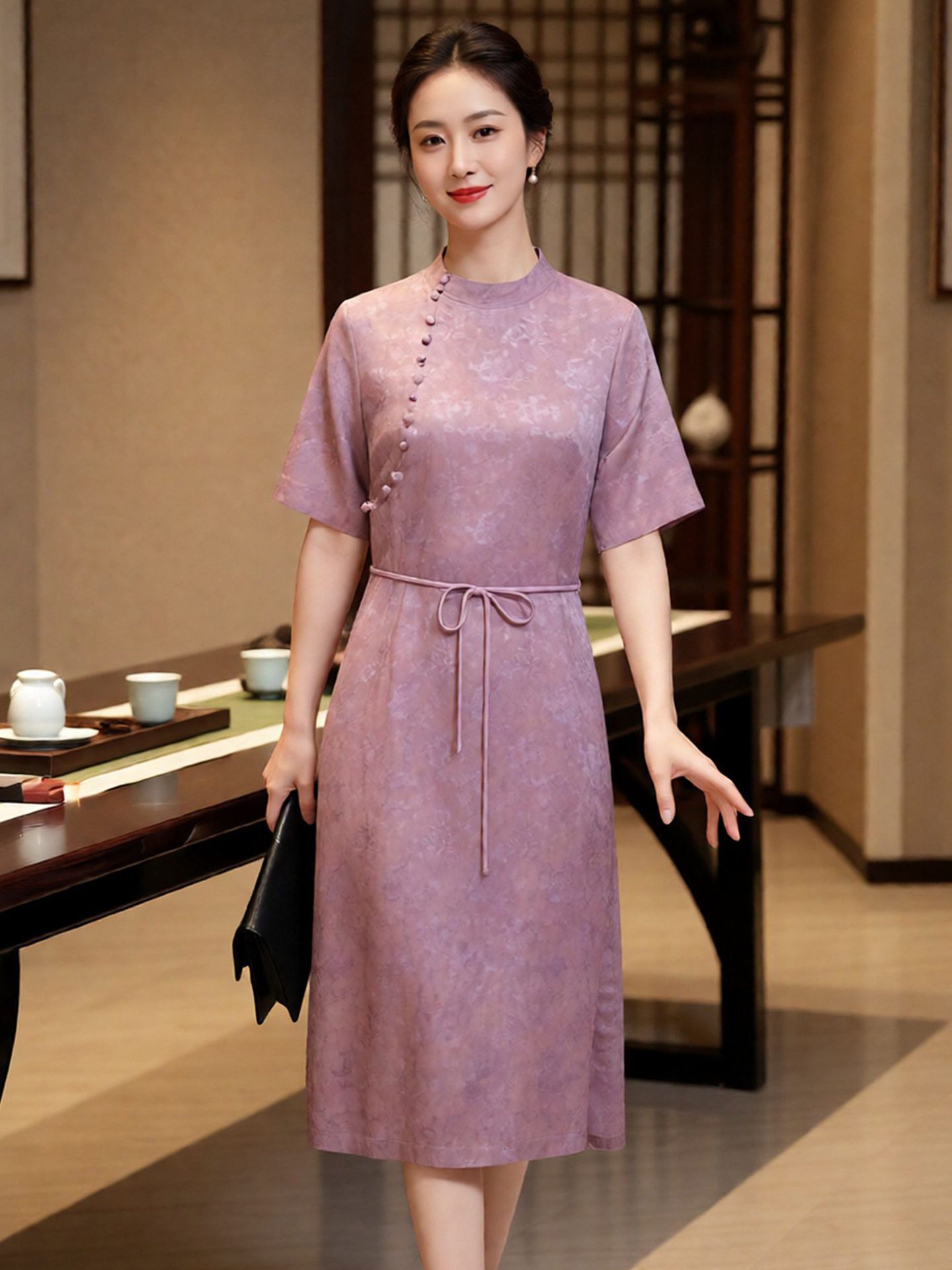 New Chinese Style Silk Jacquard Mulberry Silk Dress for Women, Summer Short-Sleeve Long Dress, Fashionable National Style Dress