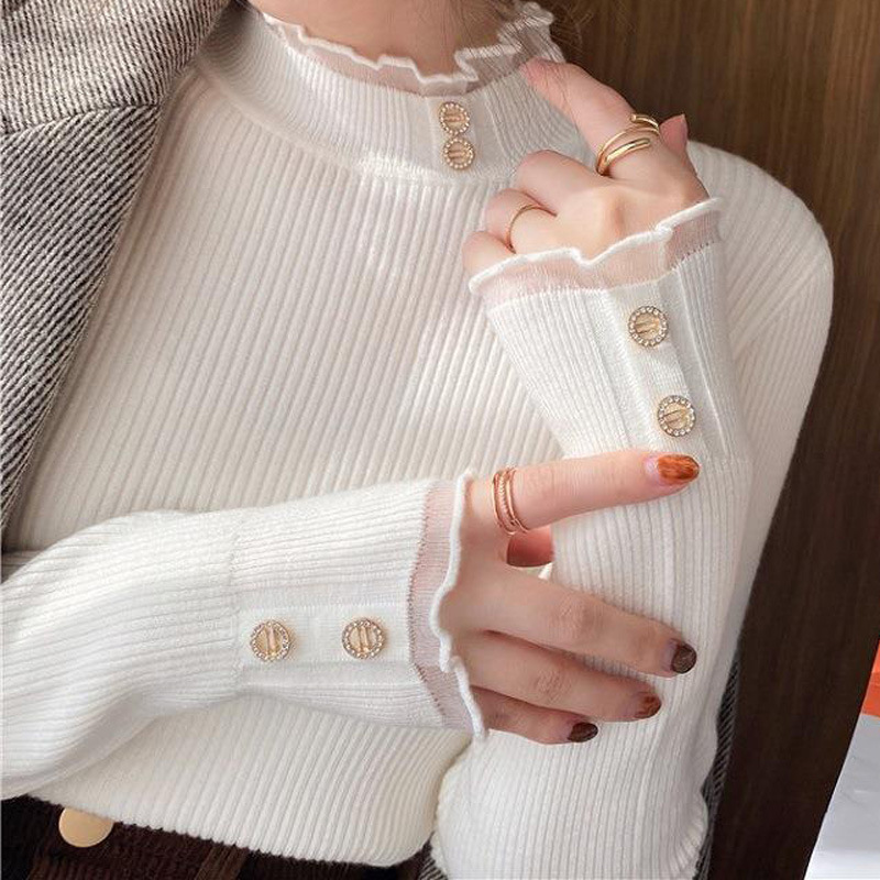 Half-Turtleneck Base Shirt for Women, Autumn and Winter 2026 New Slim-Fit Knit Top with Lace Trim, Versatile Popular Sweater