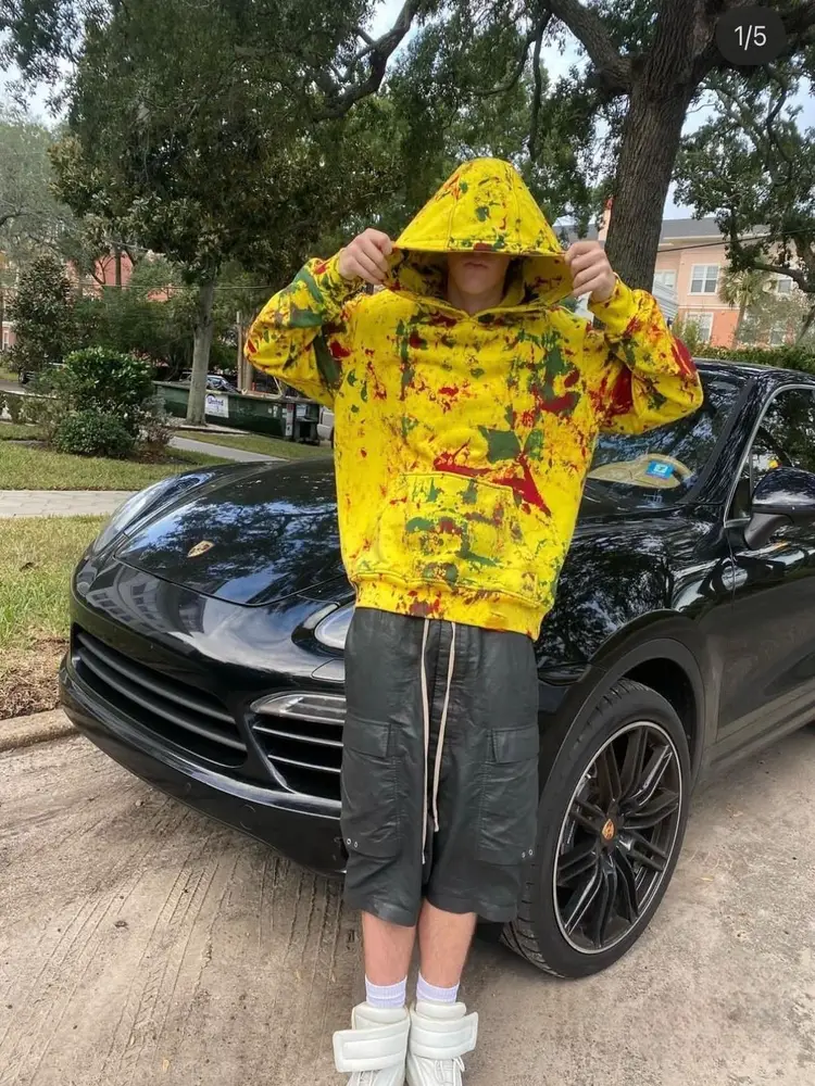 「Rabbit.B」1Of1 Remake Handmade Custom Yellow Splatter Ink Distressed Hoodie