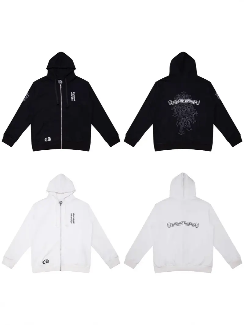Chrome Hearts Horseshoe Cross Zip Hoodie Black White