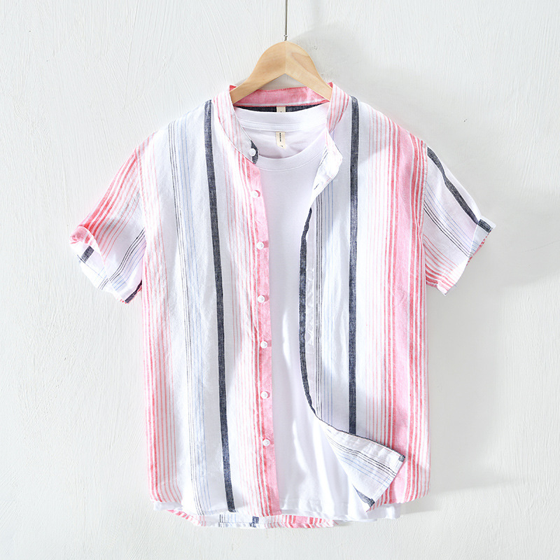 L540 new thin color matching versatile shirt men's casual linen short sleeve striped shirt men's one-piece delivery