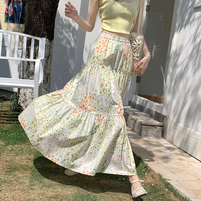 French-Style Retro Pastoral Floral Print Half-Skirt for Women, Summer Thin Elegant Printed Flared Skirt, High-Waisted Tiered Skirt