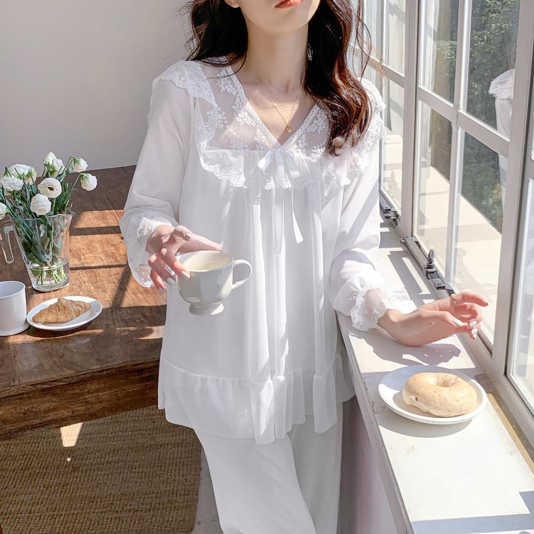 Loose Slimming Pajamas Spring and Autumn New Princess Style Long Sleeve Trousers suit Sweet Lace White Mesh Home Clothes