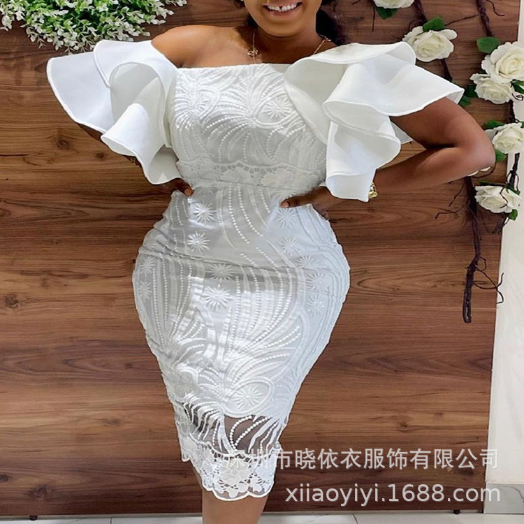 Amazon Cross-Border Best-Selling Elegant Commuter High-Waisted Lace Slit Sexy Women's Lace Dress Gown