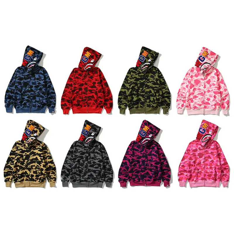 Japanese Trendy Shark Camouflage Print fleece-lined Sweater for Men and Women Couple Casual Zipper Cardigan Hooded Hip-Hop Jacket