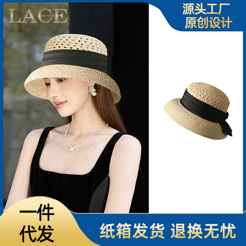 Spring and Summer French Retro Style Breathable Hollow Raffia Hat for Women Travel Sunshade Bow Lampshade Hat Wholesale