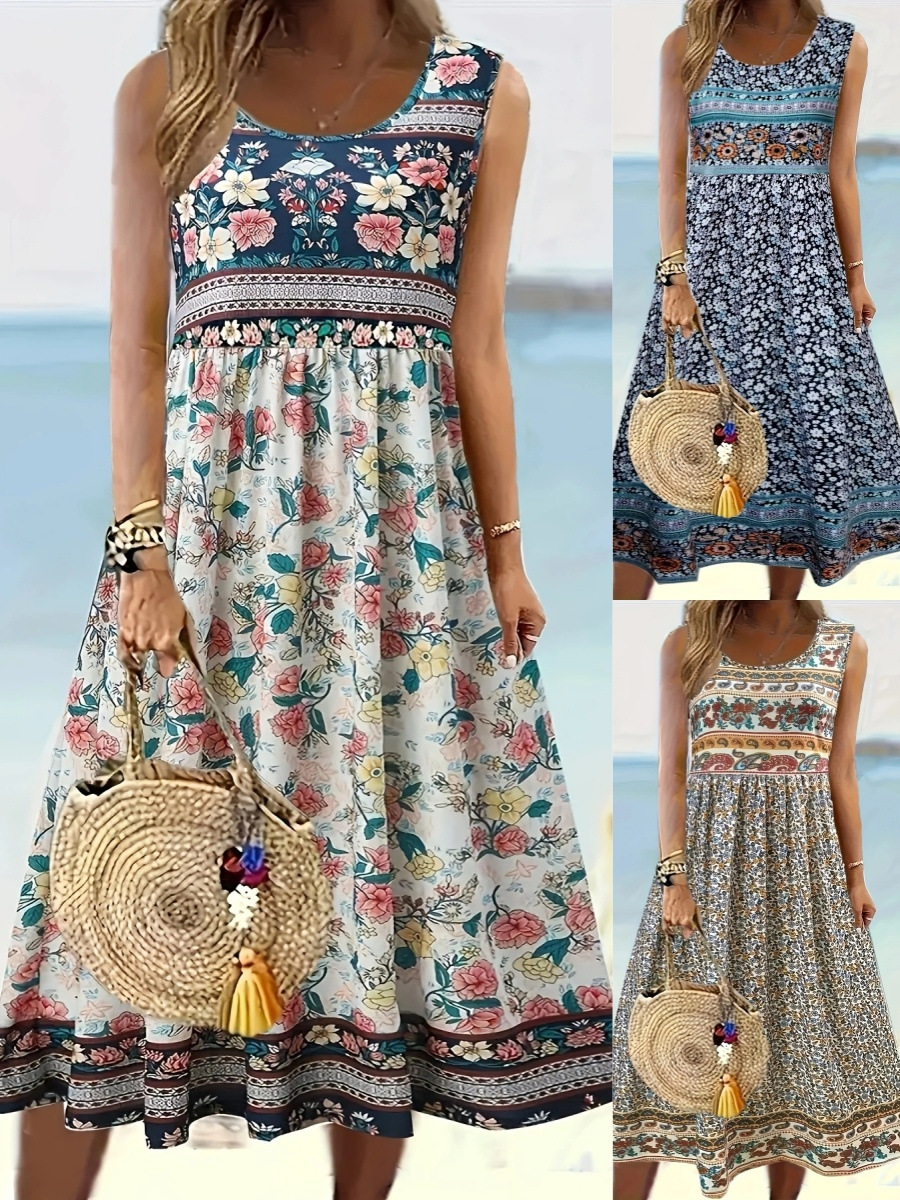 European and American Cross-Border 2025 Summer New Dress Sleeveless Round Neck Printed Comfortable Casual Large Size Women's Mid-Length Skirt