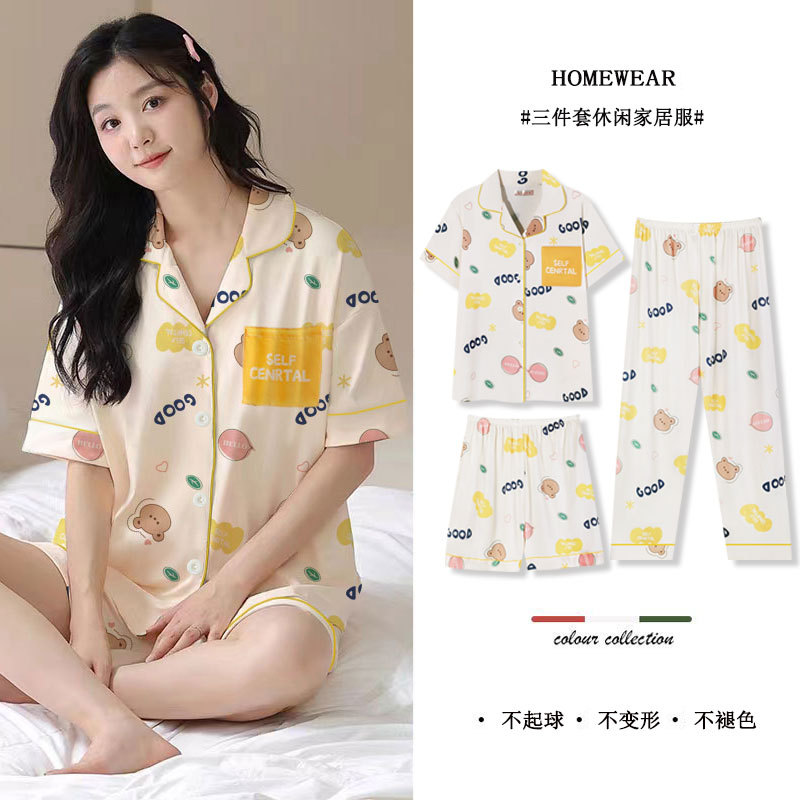 New Style Pure Cotton Pajamas for Women, Summer Short-Sleeved Shorts and Long Pants Three-Piece Set, Cartoon Bear Girls' Casual Home Wear Wholesale