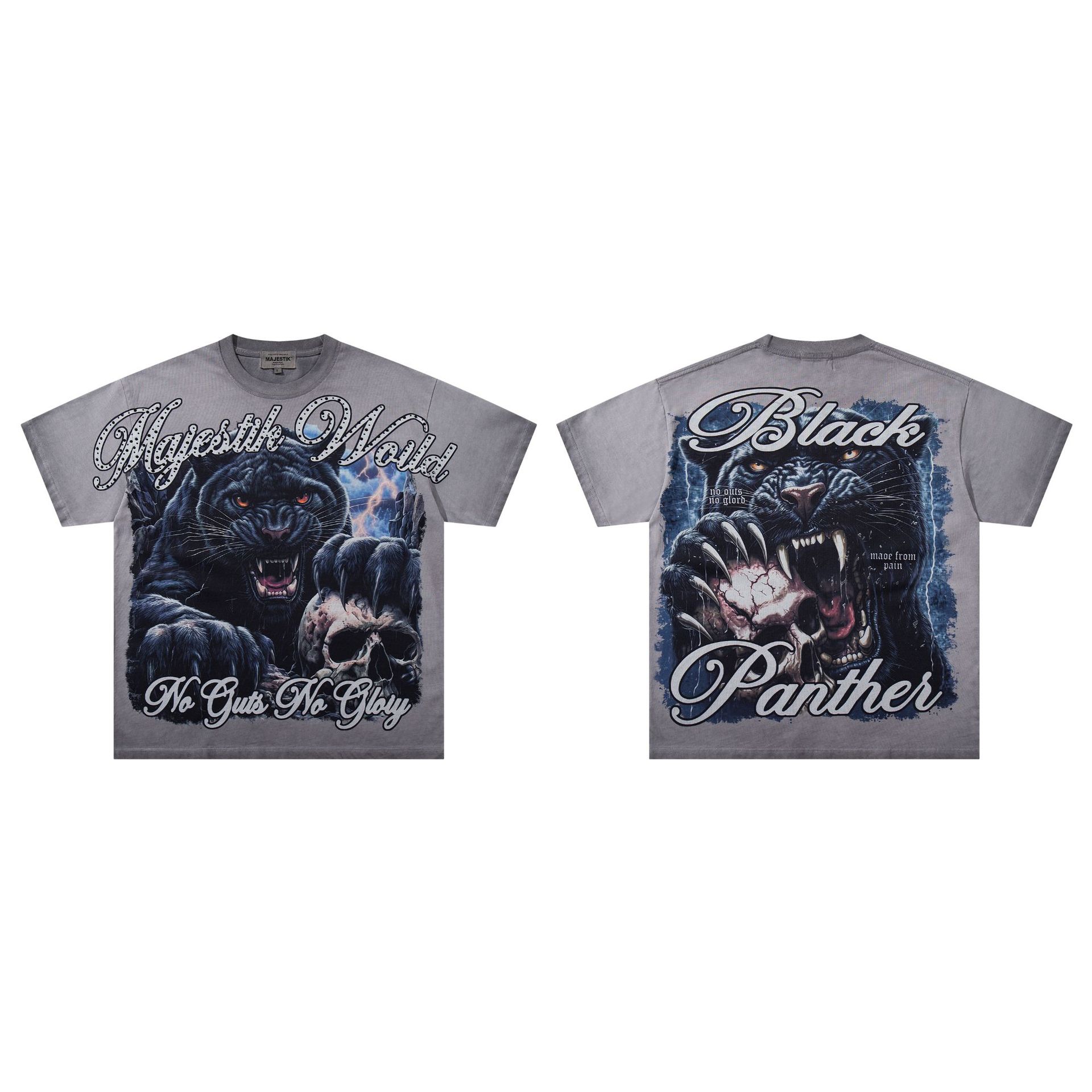Majestik American High Street Fashion Brand Rhinestone Fashion Print Washed Vintage Loose Short-Sleeve T-Shirt for Men and Women Rock Style