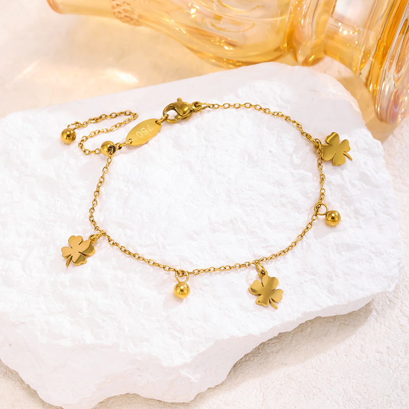 Four-Leaf Clover Bracelet for Women, Light Luxury, Simple Titanium Steel Gold-Plated Niche Design Anklet, High-End Feel, Versatile and Non-Fading