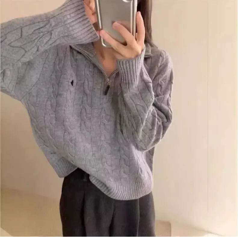 Autumn and Winter Embroidered Sweater Women's Twist Half-Zipper Niche Sweet Girly Style Pullover Knitted Sweater Casual Top Trendy