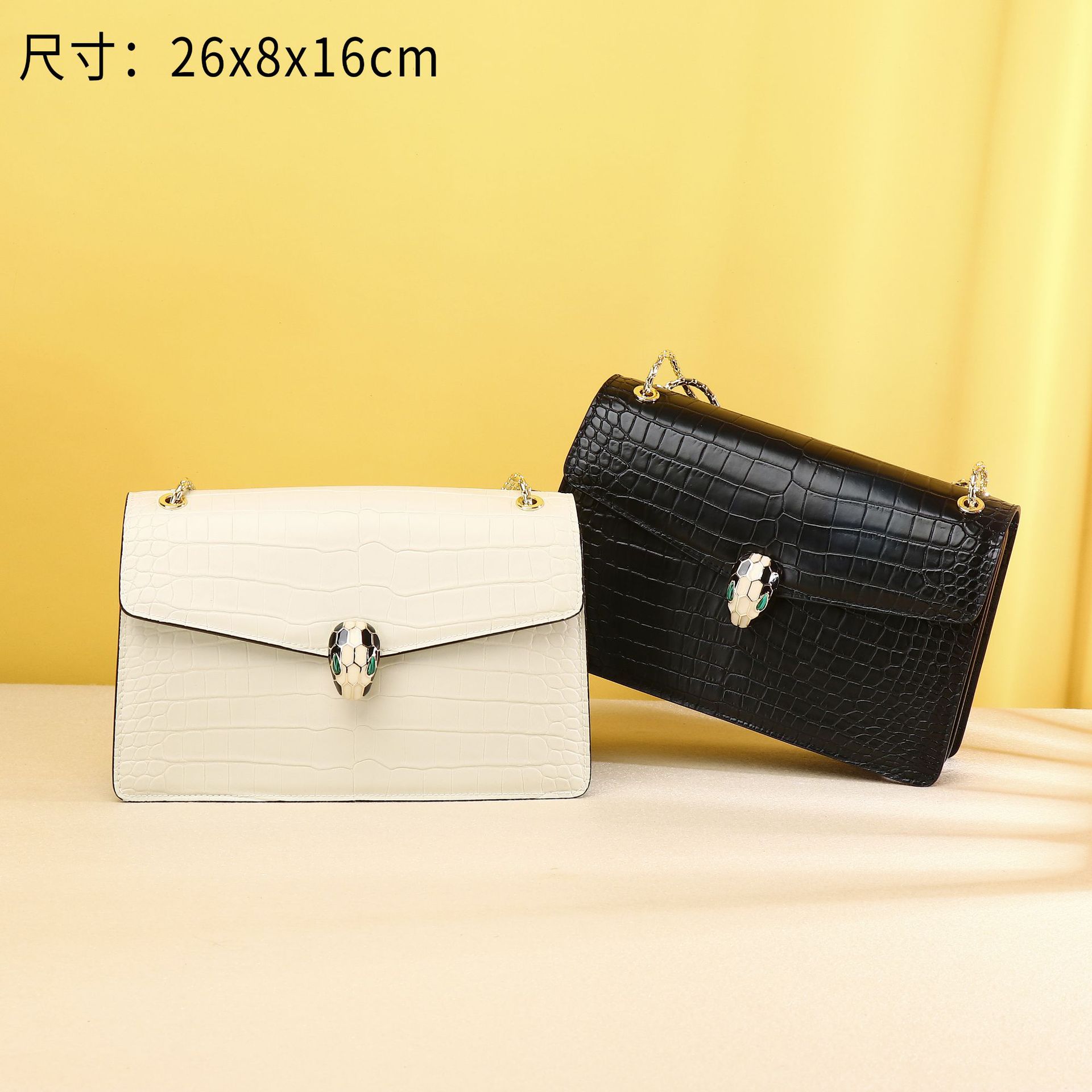 Crocodile Belly Pattern Women's Bag Trendy Fashionable Small Square Bag European and American Retro Shoulder Bag Chain Crossbody Snake Head Women's Bag Western Style